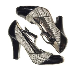 Tahari Black Patent Leather & Tweed T-Strap Heels